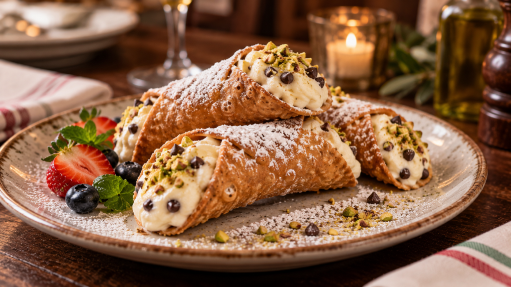 Cannoli with crisp pastry shells, creamy ricotta filling, pistachios and chocolate chips