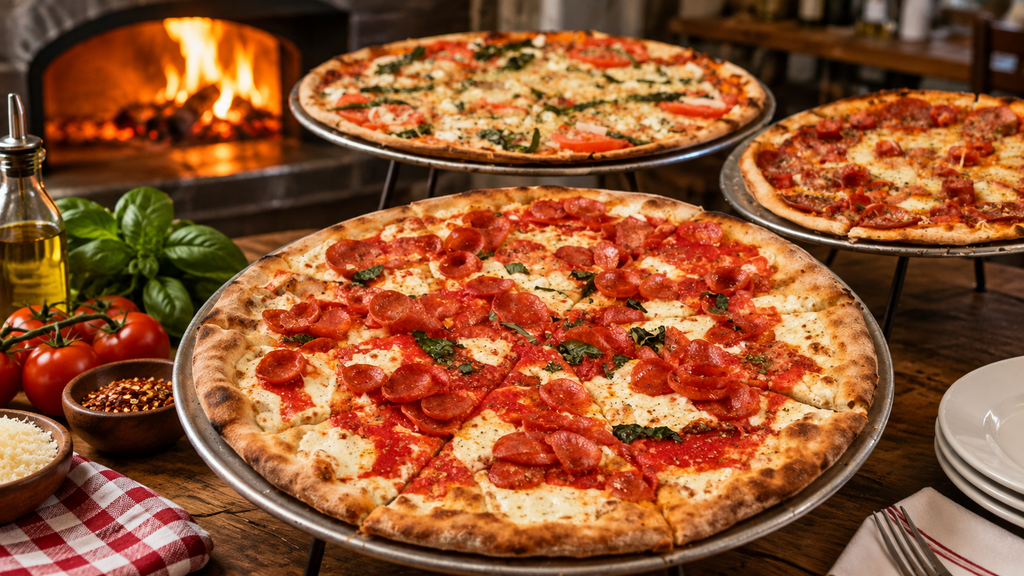 Italian pizza with pepperoni, tomato, mozzarella and basil served near a wood-fired oven 
