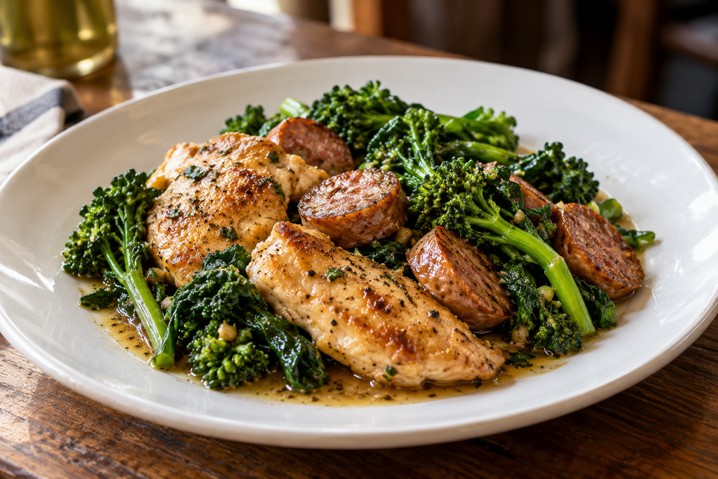 Chicken Calabrese served with sausage and broccoli rabe on a dinner plate. 
