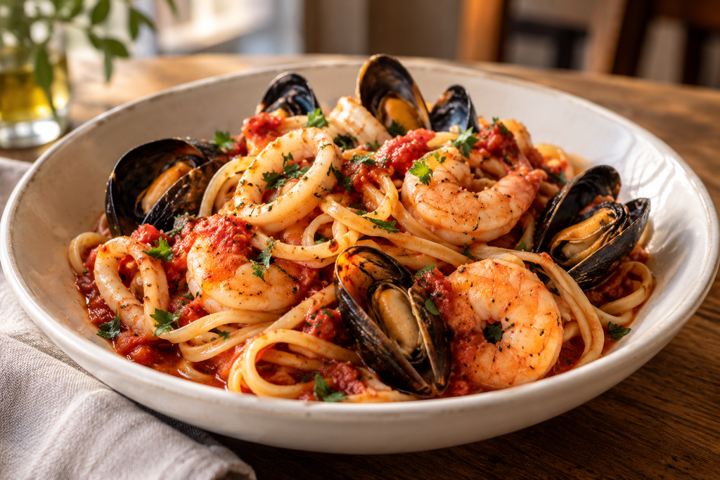 Italian seafood linguine with shrimp, mussels, and calamari in tomato sauce, garnished with parsley.