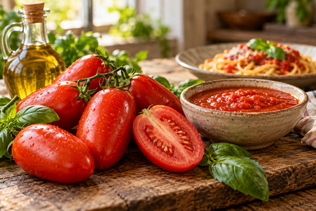 Italian tomatoes beside a bowl of tomato sauce, fresh basil, and olive oil, with pasta in the background. 
